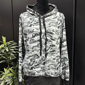 Jones NY Sport Pullover hoodie,pattern,thumb hole,hip pockets,rib knit black hem